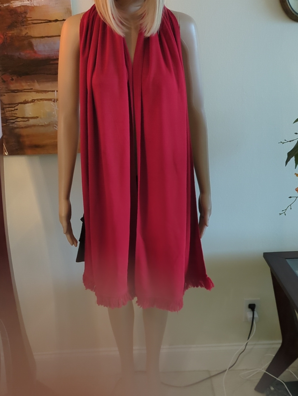 Sleeveless Draped Red Scarf.